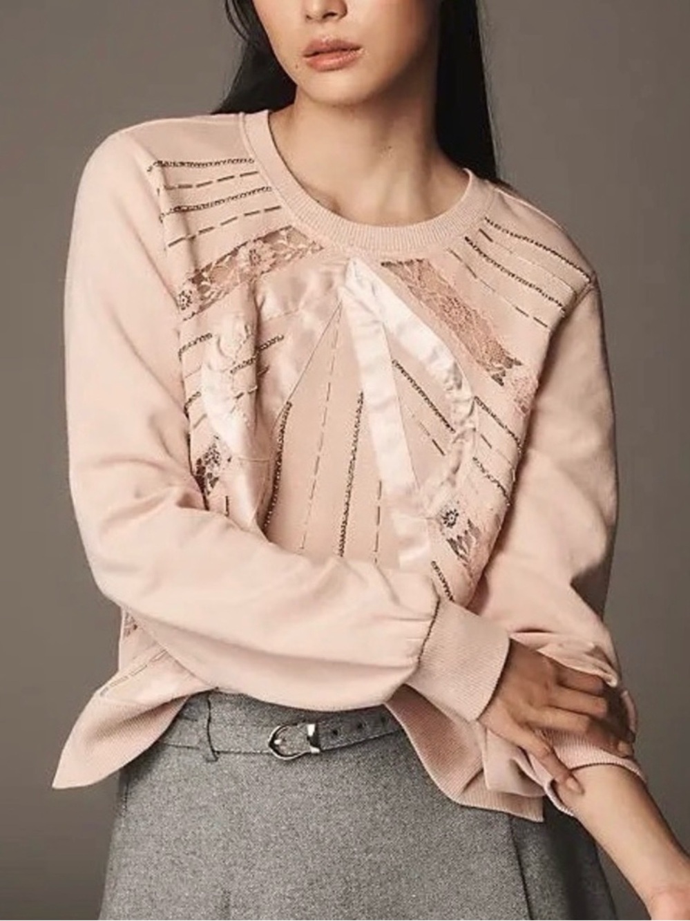 NWT Anthropologie $138 Beaded Embellished Bow Rose Coquette Crewneck Sweater 2X